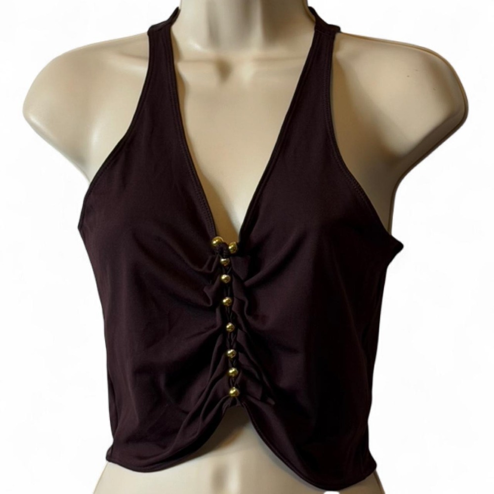 H&M Divided Chocolate Brown Gold Beaded‎ Crop Top, Women's Size S